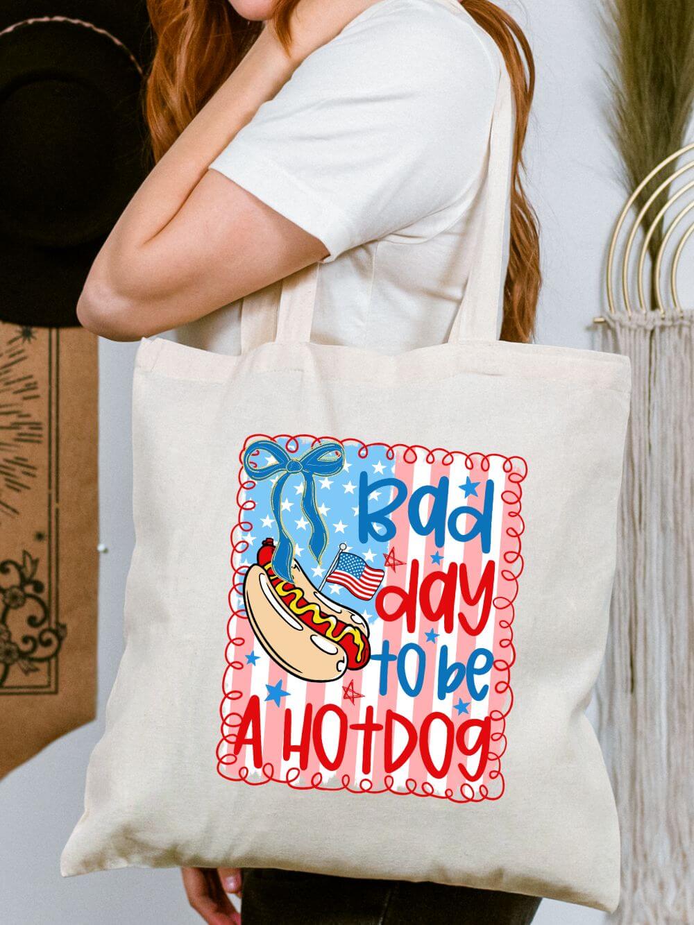 Bad Day to Be a Hot Dog Retro 4th of July Cotton Canvas Tote Bag