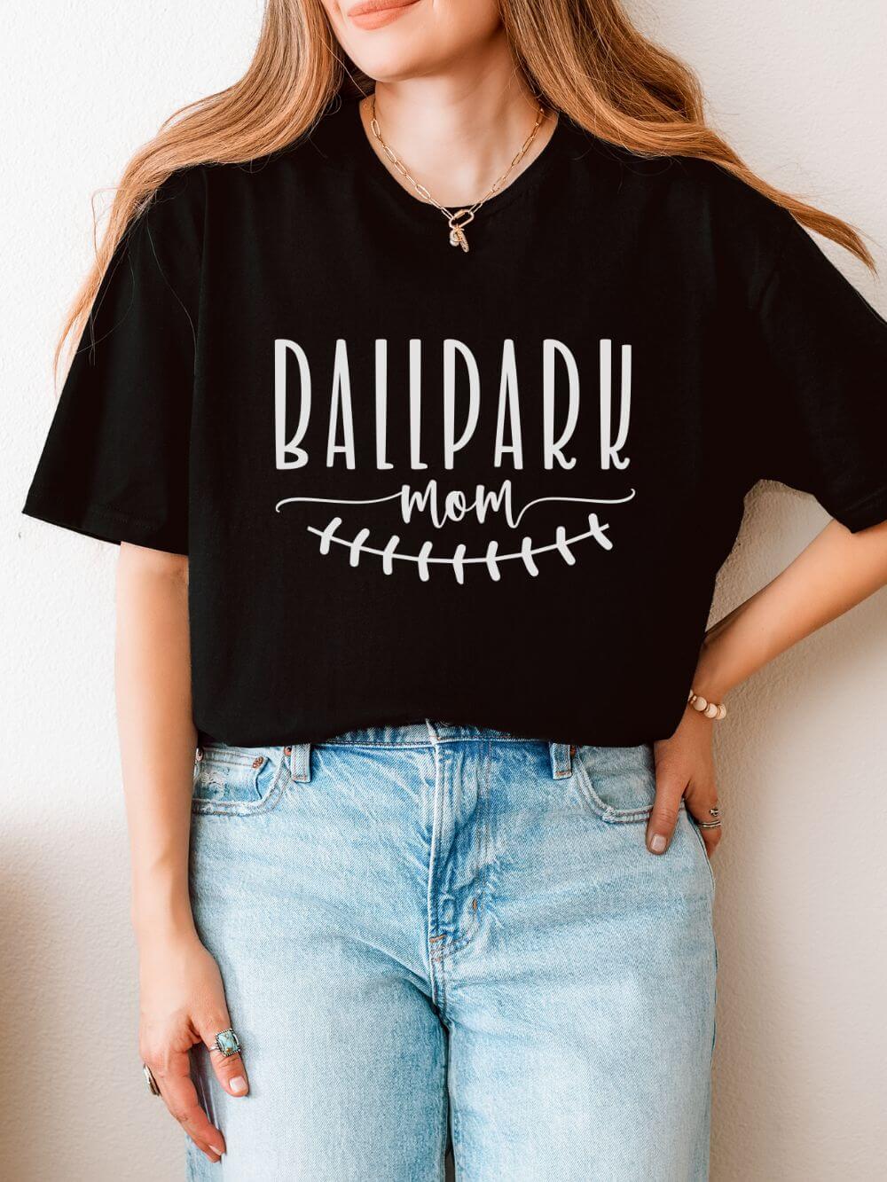 Ballpark Mom Baseball or Softball Graphic T-Shirt Cute Sports Mom Tee (12 Team Colors)