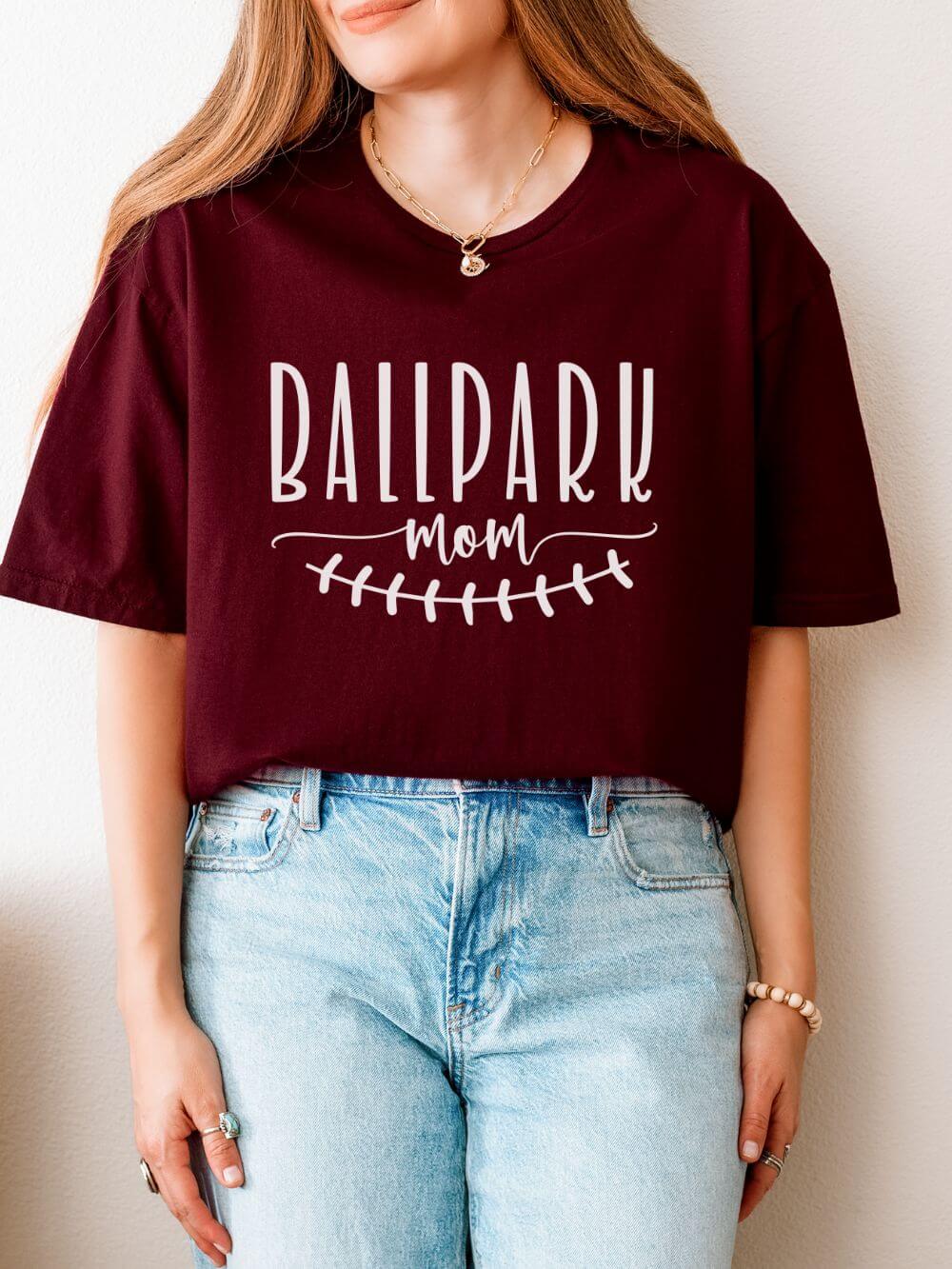 Ballpark Mom Baseball or Softball Graphic T-Shirt Cute Sports Mom Tee (12 Team Colors)
