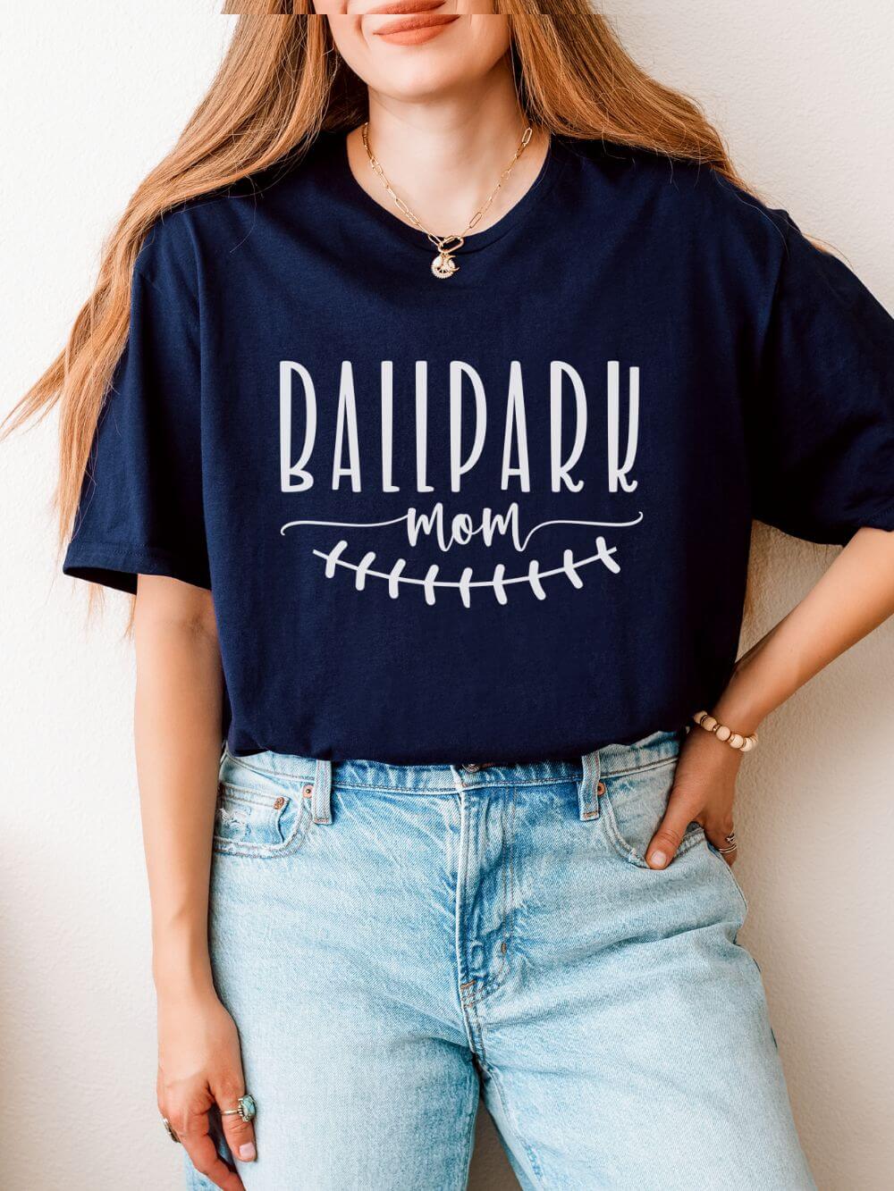 Ballpark Mom Baseball or Softball Graphic T-Shirt Cute Sports Mom Tee (12 Team Colors)