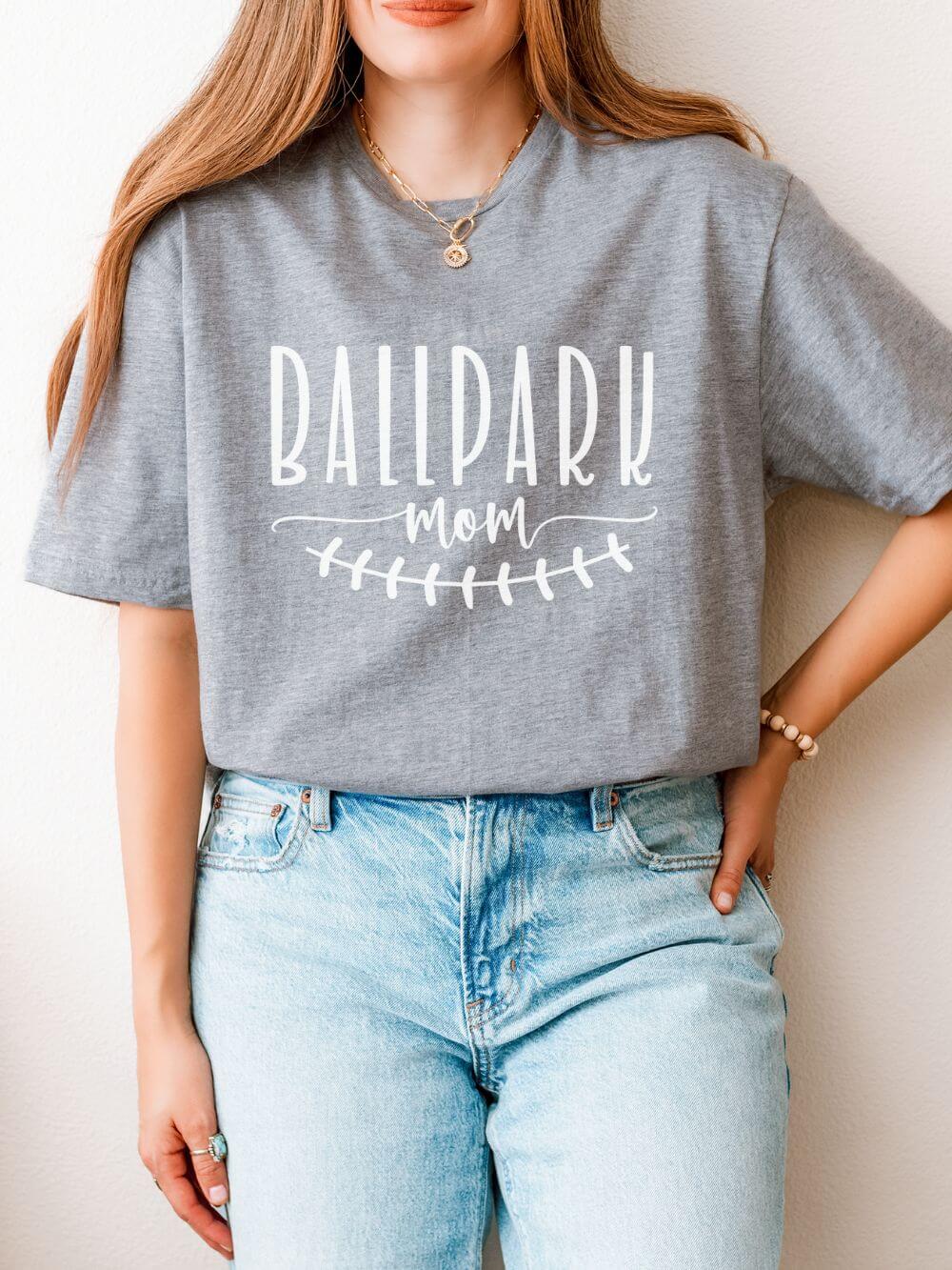 Ballpark Mom Baseball or Softball Graphic T-Shirt Cute Sports Mom Tee (12 Team Colors)