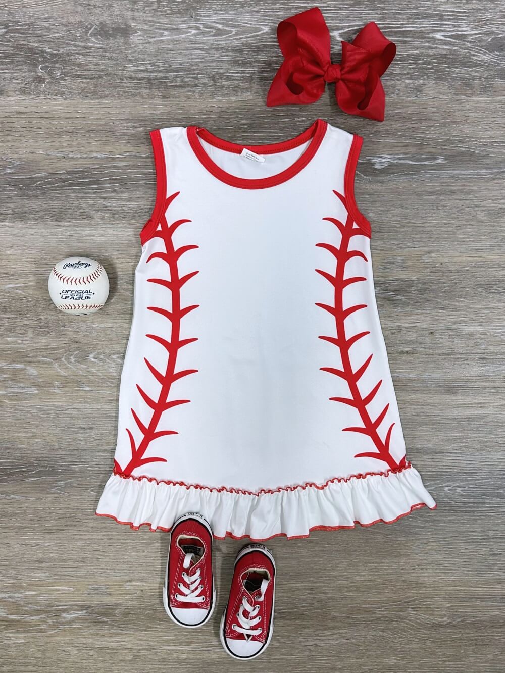 Baseball Stitch Girls Tank Sleeve Red & White Dress