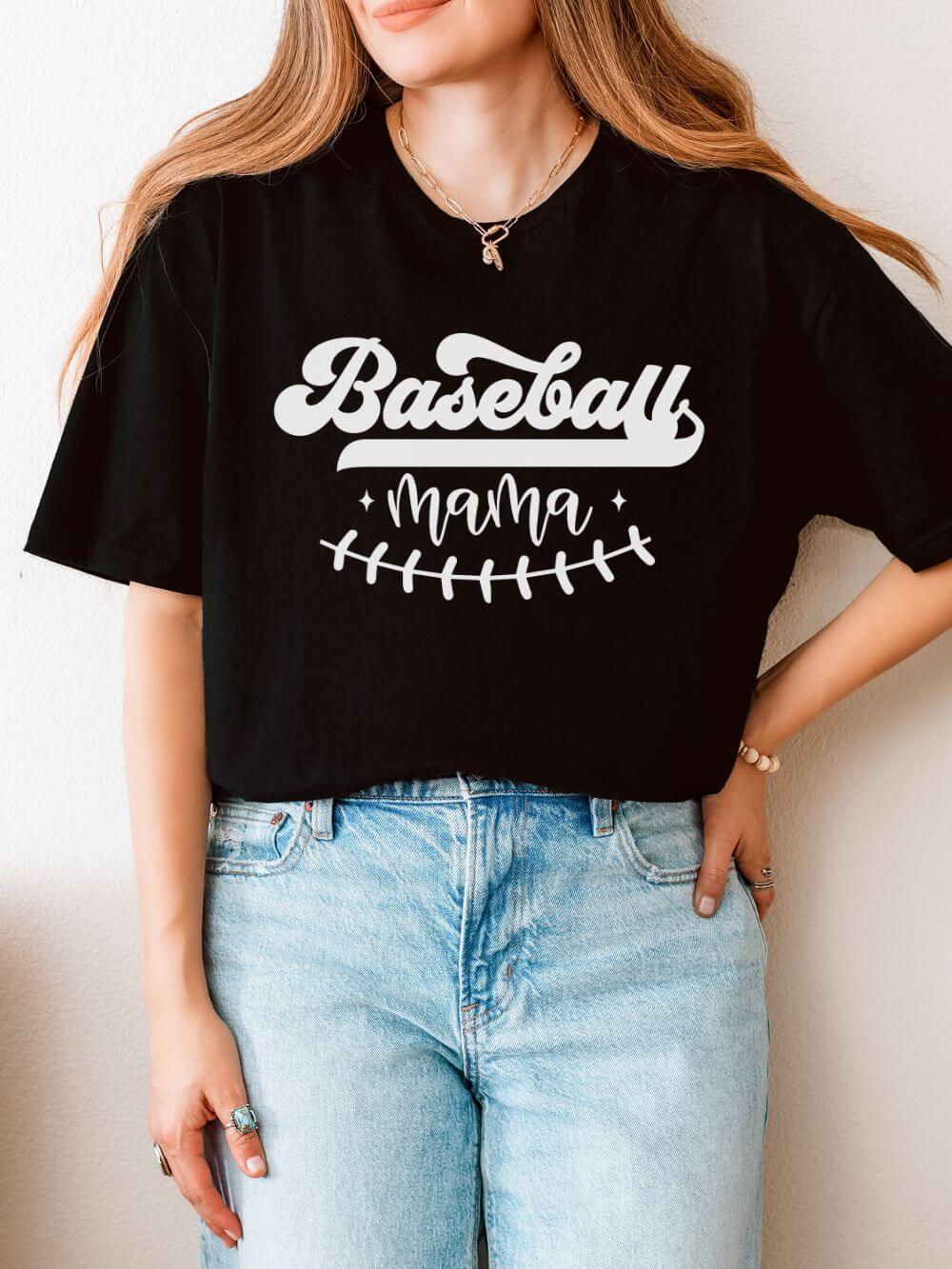 Baseball Mama Stitch Graphic T-Shirt Cute Sports Mom Tee (12 Team Colors)