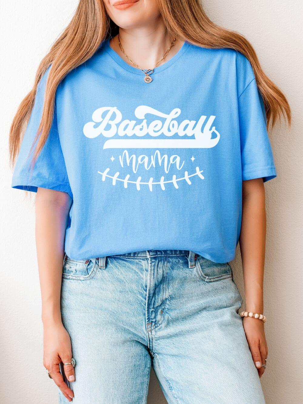 Baseball Mama Stitch Graphic T-Shirt Cute Sports Mom Tee (12 Team Colors)