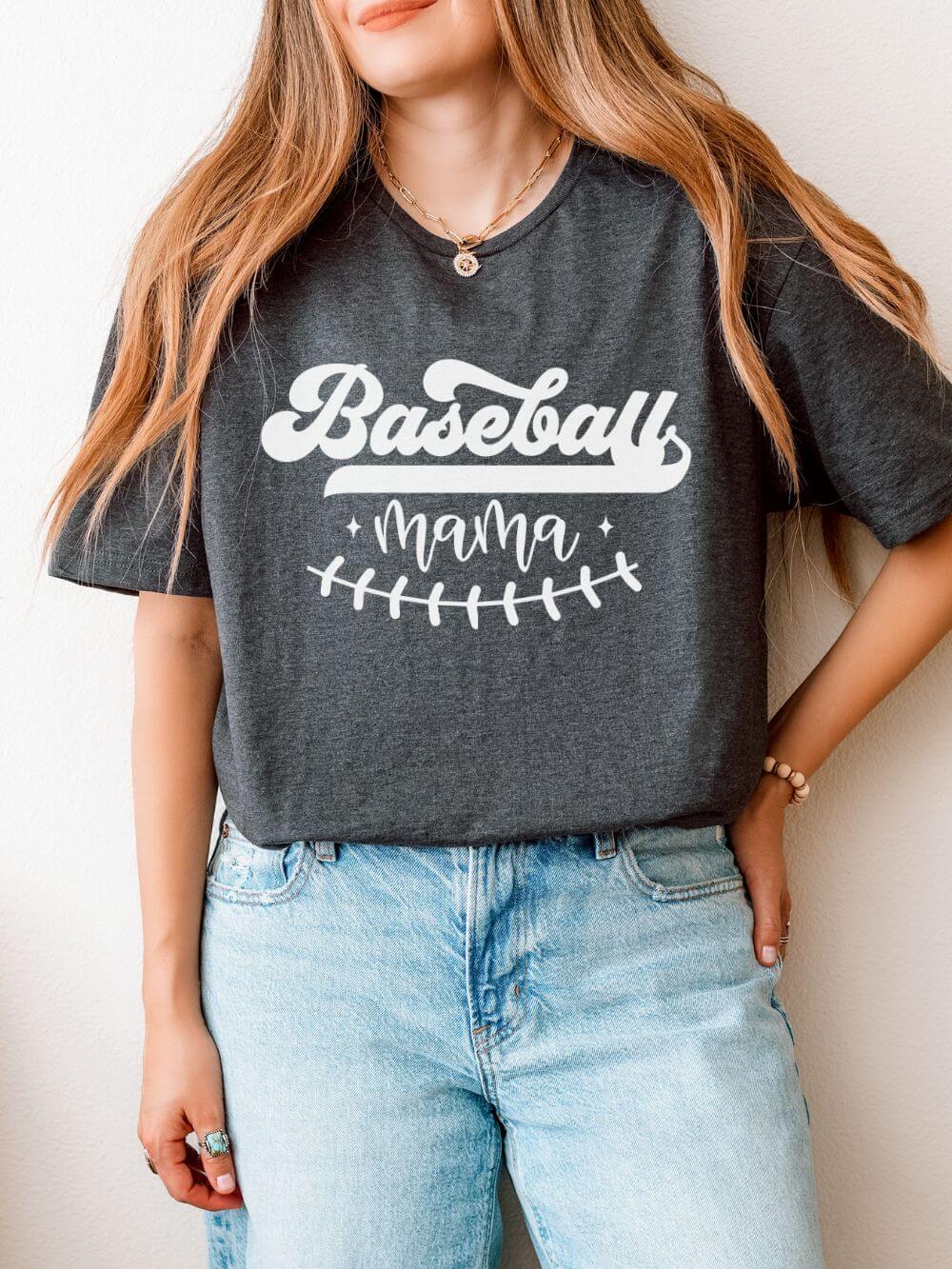 Baseball Mama Stitch Graphic T-Shirt Cute Sports Mom Tee (12 Team Colors)
