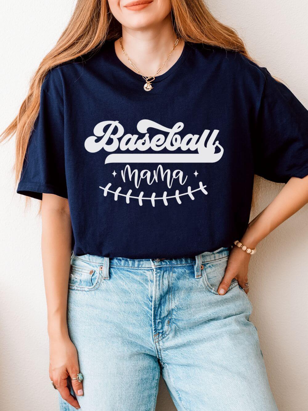 Baseball Mama Stitch Graphic T-Shirt Cute Sports Mom Tee (12 Team Colors)