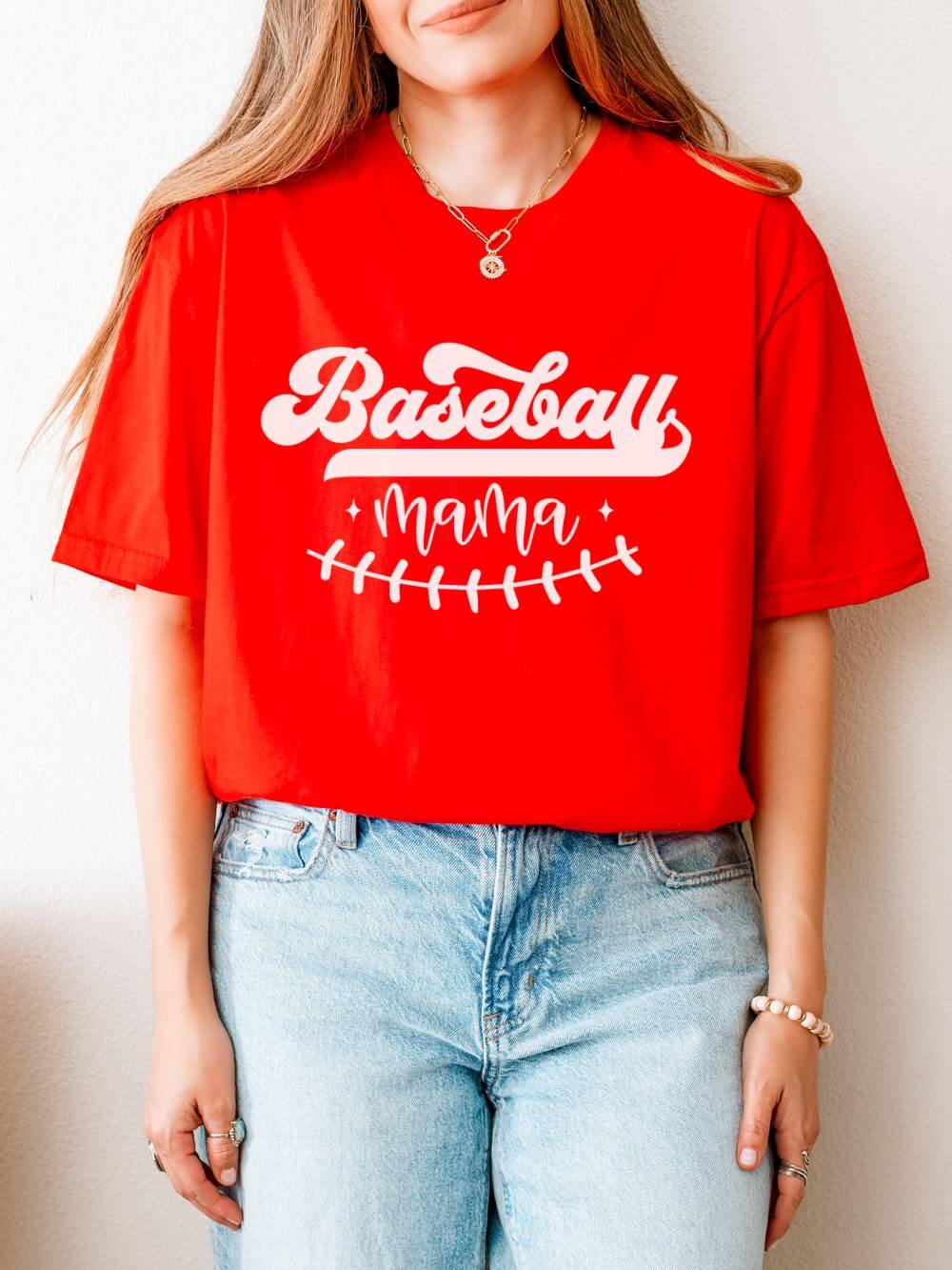 Baseball Mama Stitch Graphic T-Shirt Cute Sports Mom Tee (12 Team Colors)