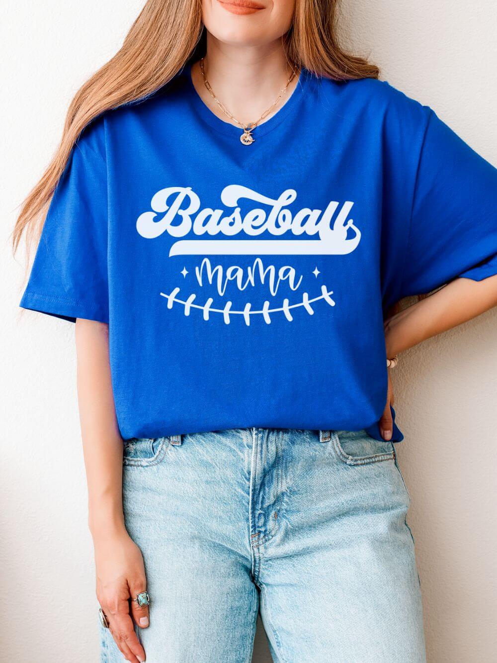 Baseball Mama Stitch Graphic T-Shirt Cute Sports Mom Tee (12 Team Colors)