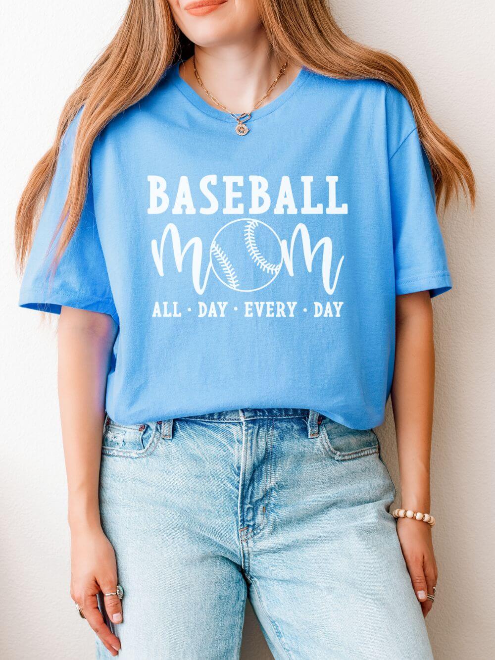 Baseball Mom All Day Graphic T-Shirt Cute Sports Mom Tee (12 Team Colors)