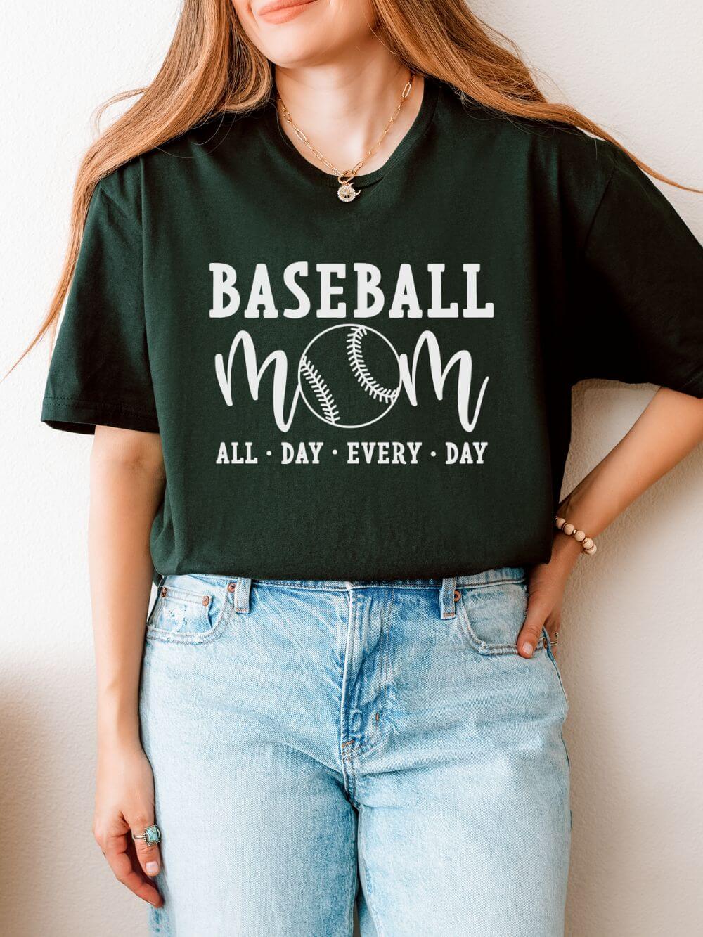 Baseball Mom All Day Graphic T-Shirt Cute Sports Mom Tee (12 Team Colors)