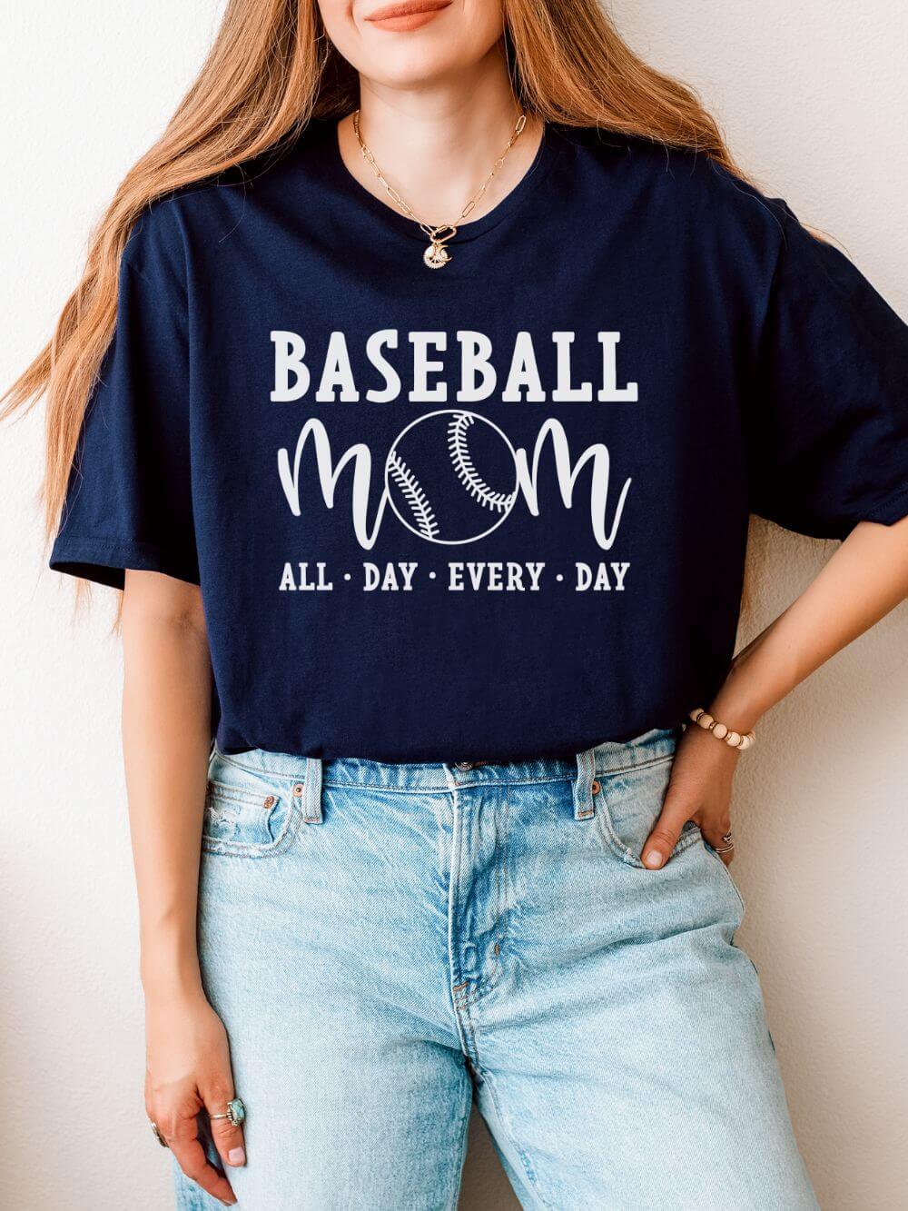 Baseball Mom All Day Graphic T-Shirt Cute Sports Mom Tee (12 Team Colors)