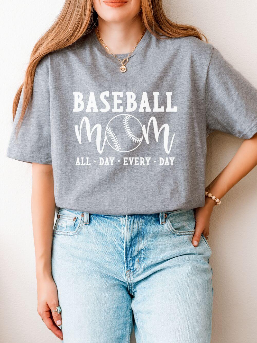 Baseball Mom All Day Graphic T-Shirt Cute Sports Mom Tee (12 Team Colors)