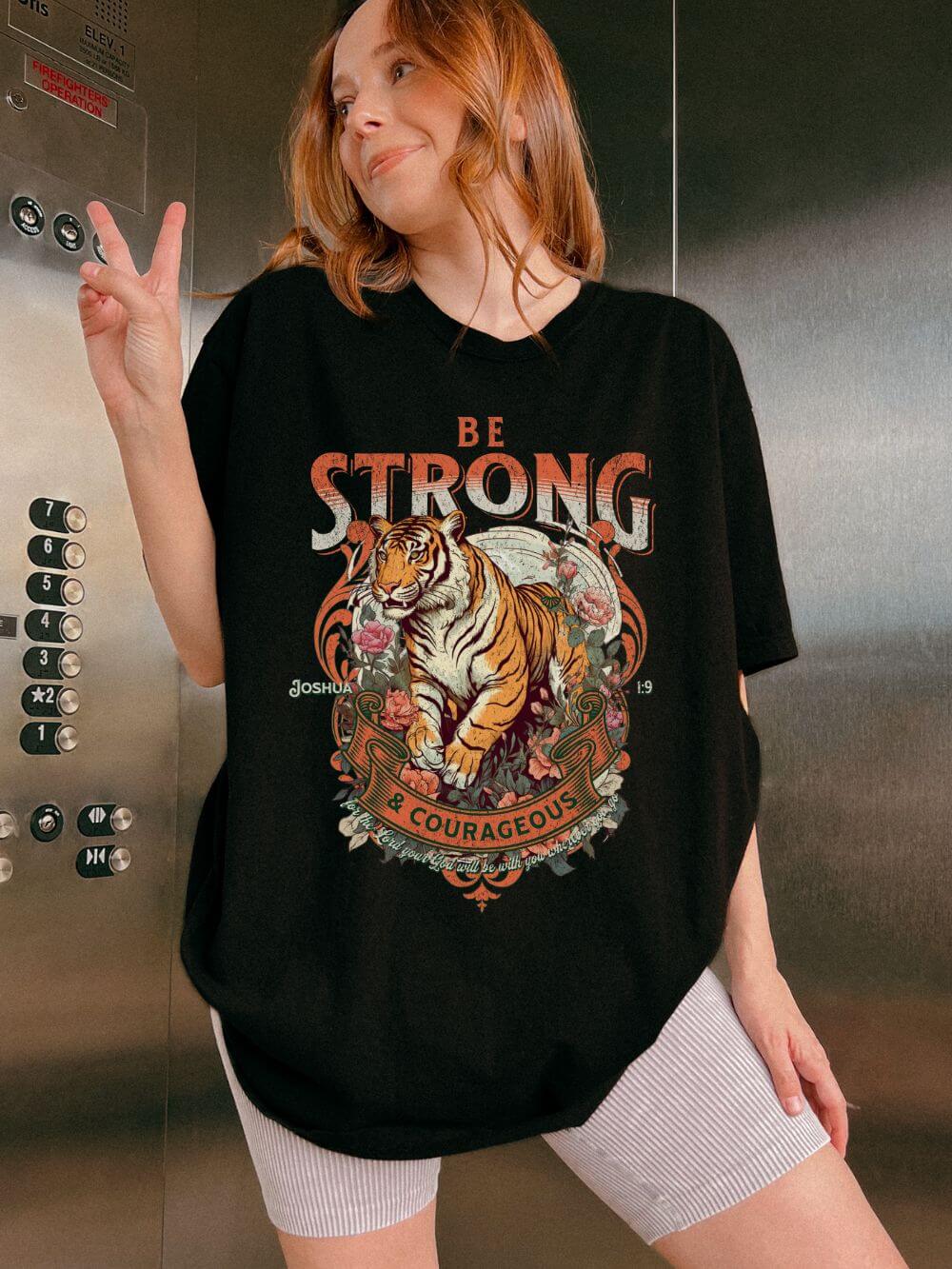 Be Strong & Courageous Tiger Vintage Graphic Tee Distressed Christian T-Shirt