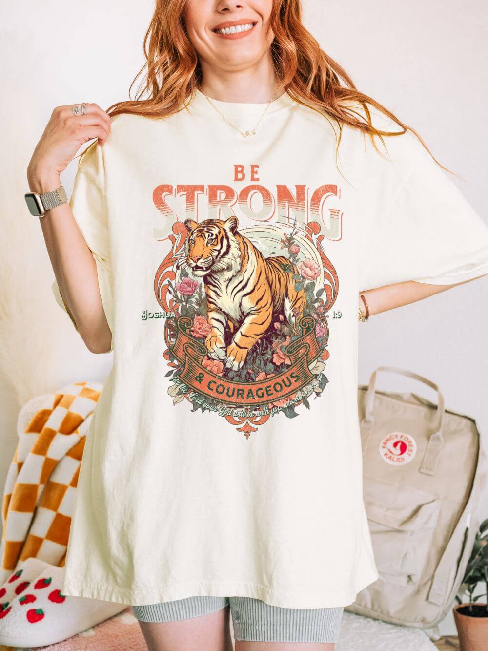 Be Strong & Courageous Tiger Vintage Graphic Tee Distressed Christian T-Shirt