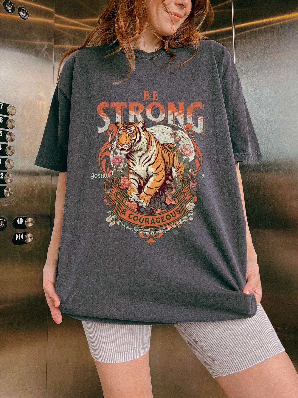 Be Strong & Courageous Tiger Vintage Graphic Tee Distressed Christian T-Shirt