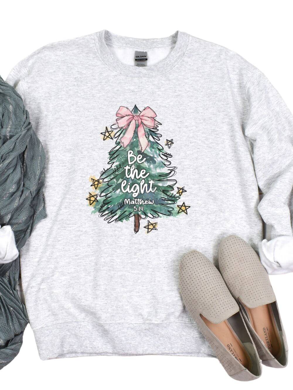 Be the Light  Christmas Tree Heavy Blend Unisex Crewneck Graphic Sweatshirt - Sydney So Sweet