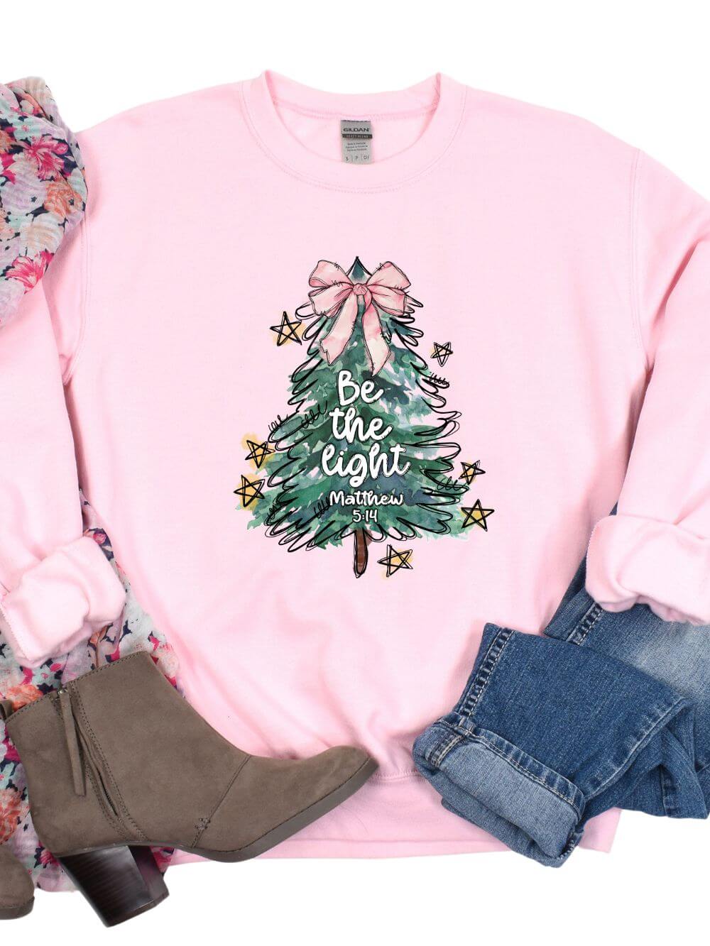 Be the Light  Christmas Tree Heavy Blend Unisex Crewneck Graphic Sweatshirt - Sydney So Sweet