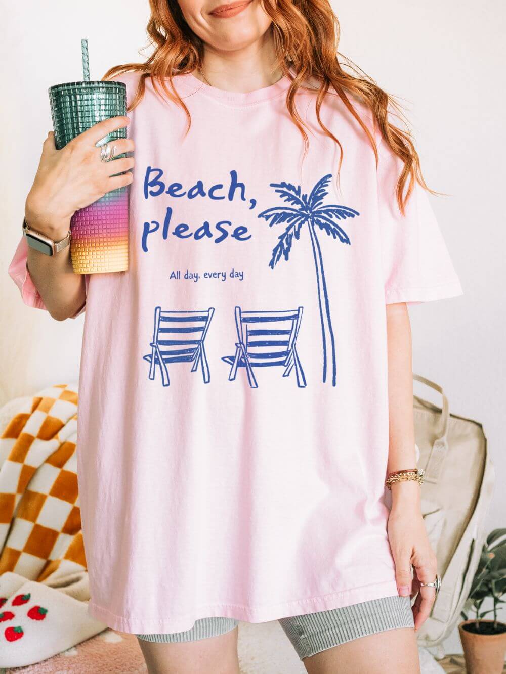 Beach Please T-Shirt Palm Tree & Chairs Women's Summer Graphic Tee