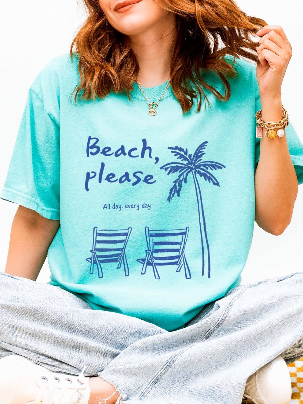 Beach Please T-Shirt Palm Tree & Chairs Women's Summer Graphic Tee