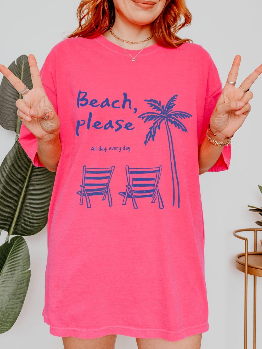 Beach Please T-Shirt Palm Tree & Chairs Women's Summer Graphic Tee