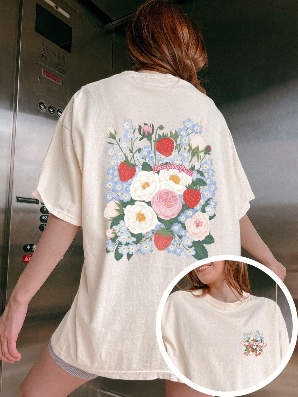 Bear Good Fruit John 15:5 Strawberry T-Shirt Christian Floral Bouquet Tee