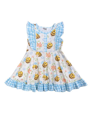 Bee Happy Blue Gingham Plaid Ruffle Trim Dress - Sydney So Sweet