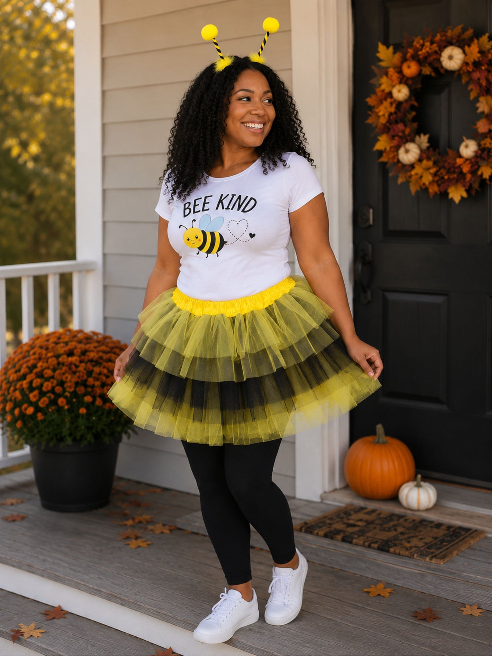 Women's Bee Costume Set for Adults & Plus Size – Black & Yellow Layered Tutu Skirt & Antenna Headband – Fun Halloween Outfit