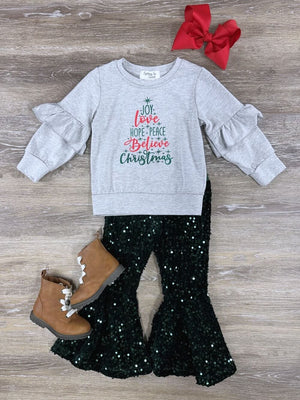 Believe in Christmas Dark Green Sequin Bell Bottom Outfit - Sydney So Sweet