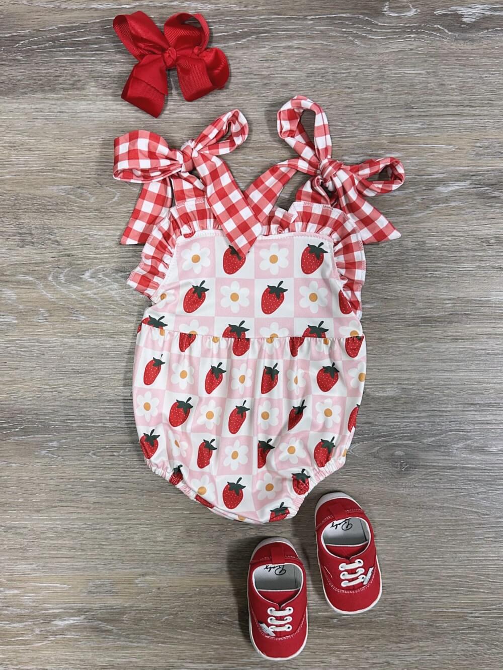 Berry Cute Strawberries & Gingham Plaid Girls Baby Romper - Sydney So Sweet