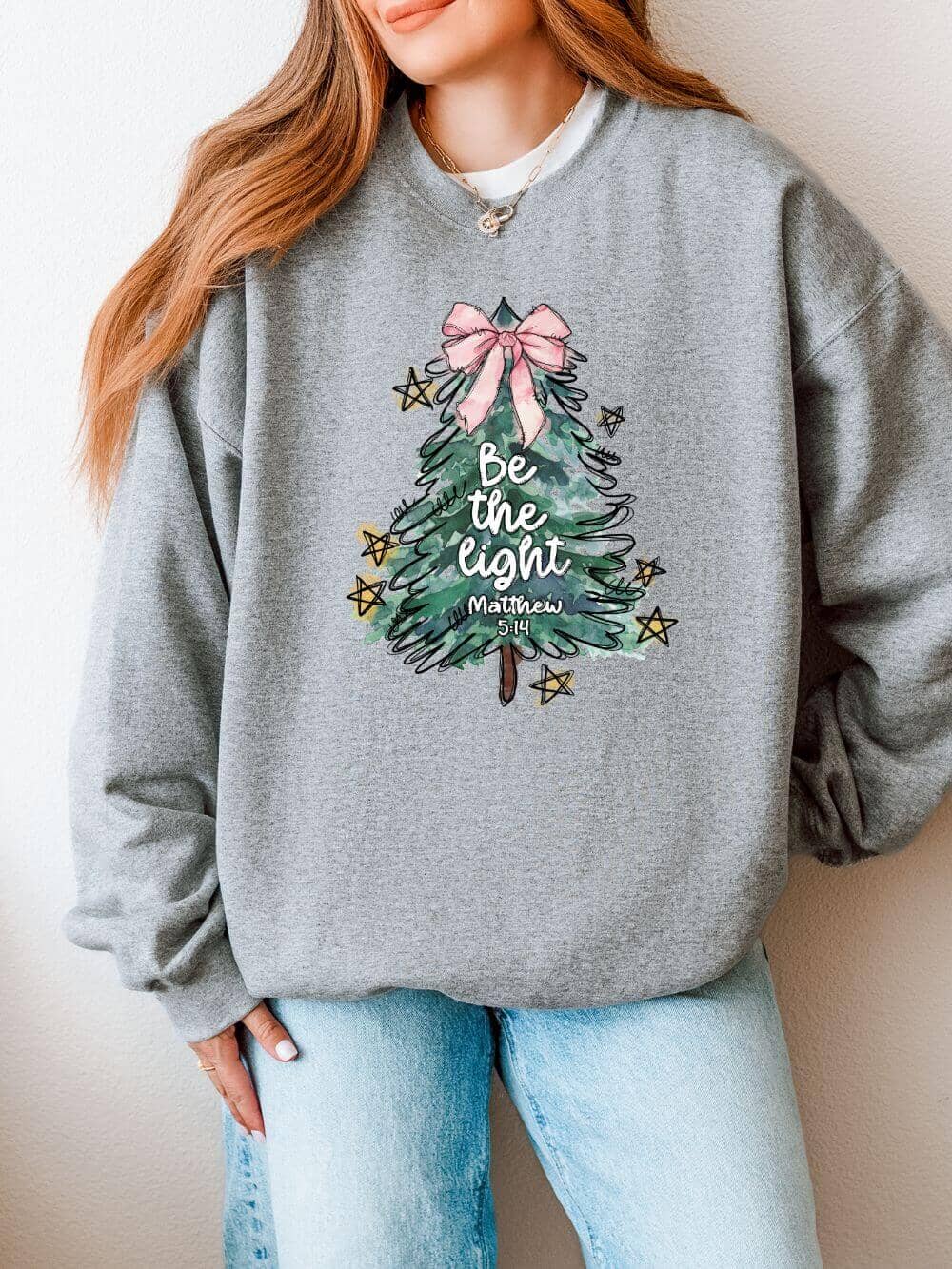 Be the Light Christmas Tree Heavy Blend Unisex Crewneck Graphic Sweatshirt - Sydney So Sweet