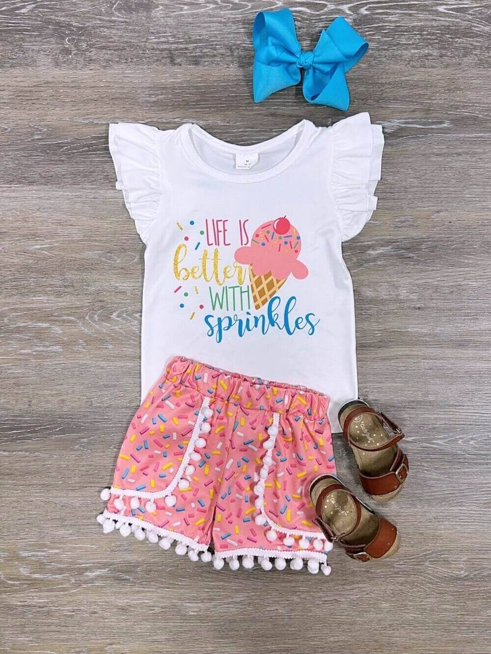 Better with Sprinkles Girls Pom Shorts Outfit - Sydney So Sweet