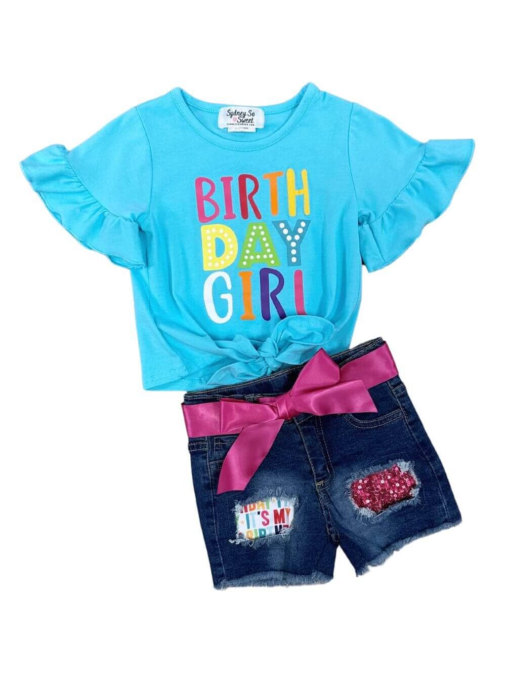 Birthday Girl Rainbow Flutter Sequin Denim Patch Girls Outfit - Sydney So Sweet