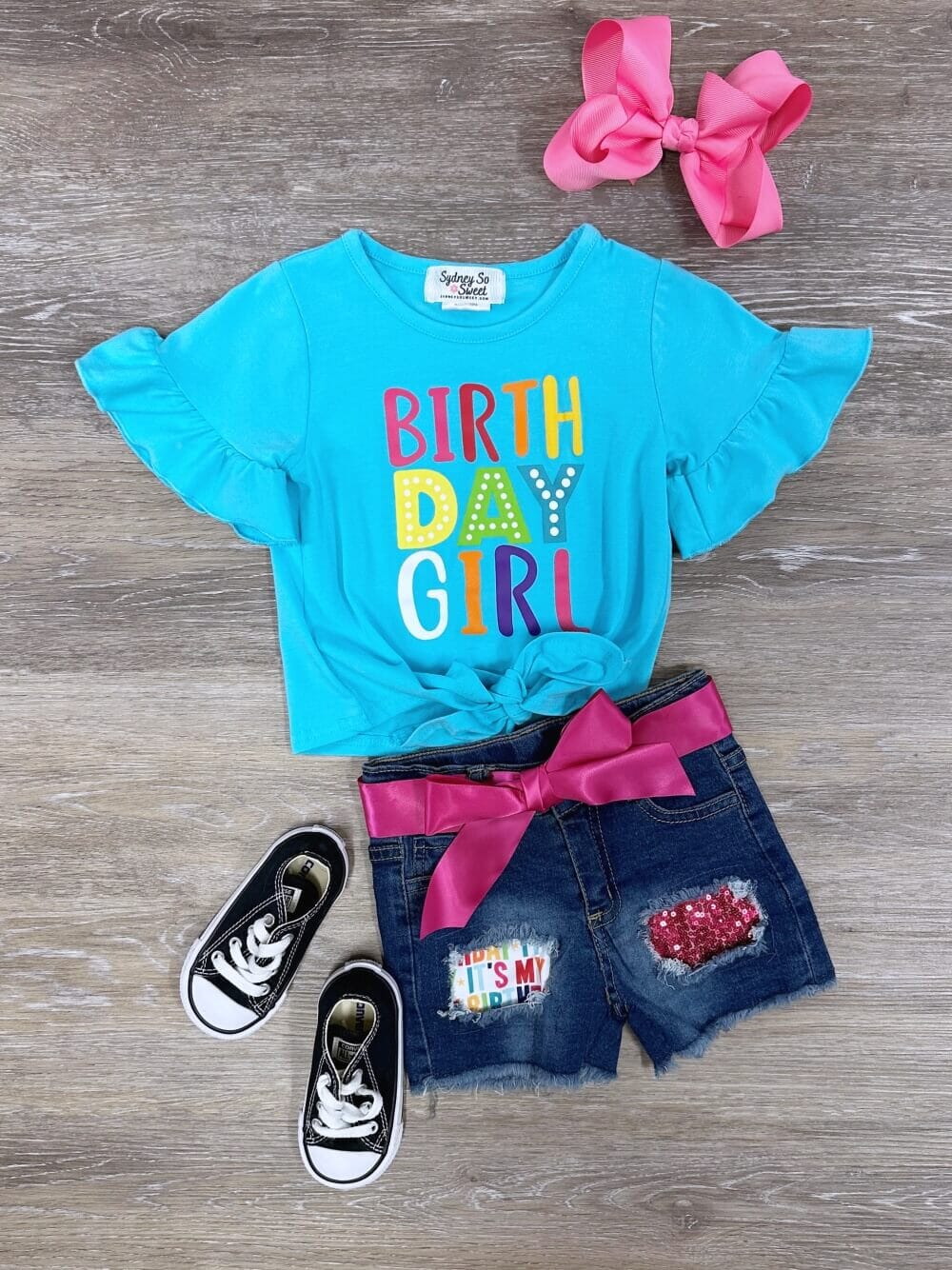 Birthday Girl Rainbow Flutter Sequin Denim Patch Girls Outfit - Sydney So Sweet