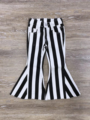 Black & White Stripe Girls Bell Bottom Denim Pants - Sydney So Sweet