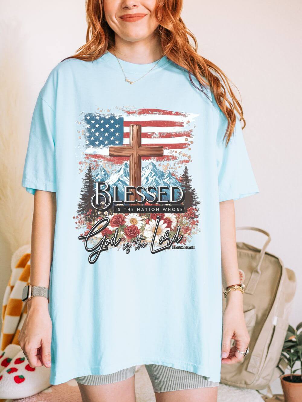 Blessed is the Nation Cross American Flag T-Shirt Christian Patriotic Graphic Tee