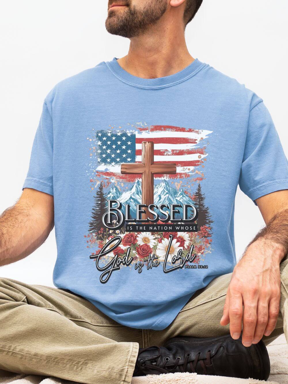 Blessed is the Nation Cross American Flag T-Shirt Christian Patriotic Graphic Tee