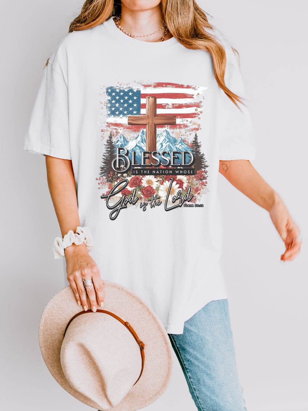 Blessed is the Nation Cross American Flag T-Shirt Christian Patriotic Graphic Tee