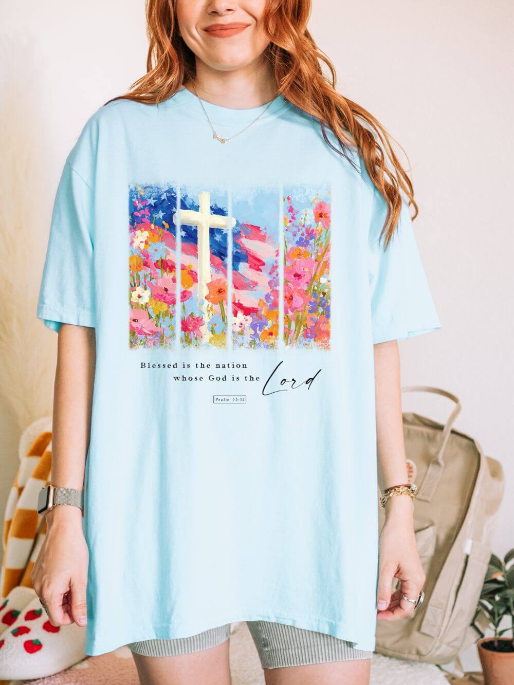 Blessed is the Nation Christian Patriotic T-Shirt 4th of July Graphic Tee