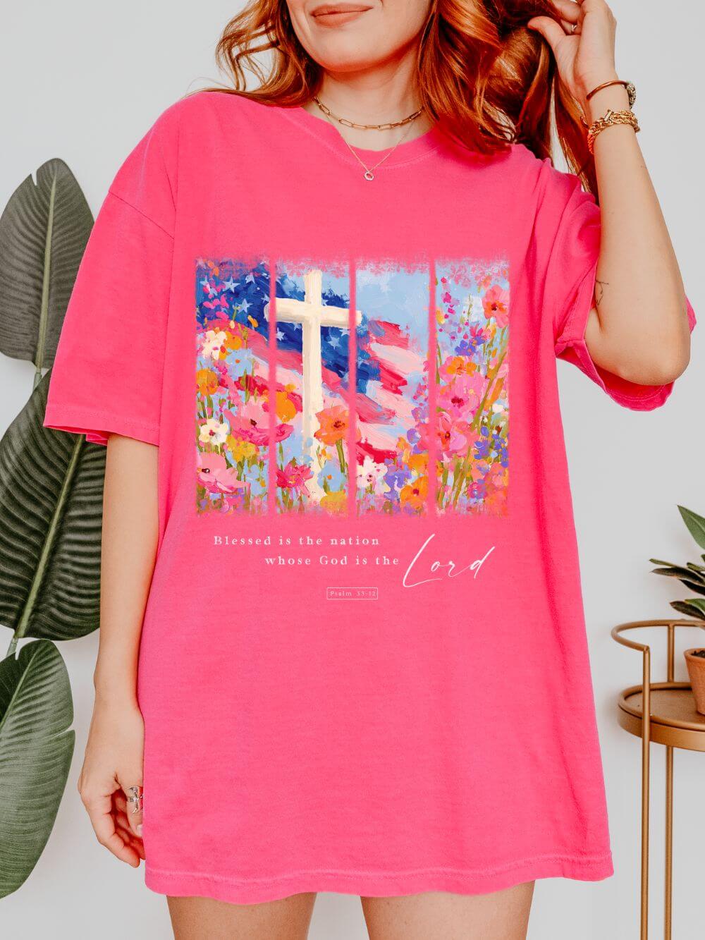 Blessed is the Nation Christian Patriotic T-Shirt 4th of July Graphic Tee