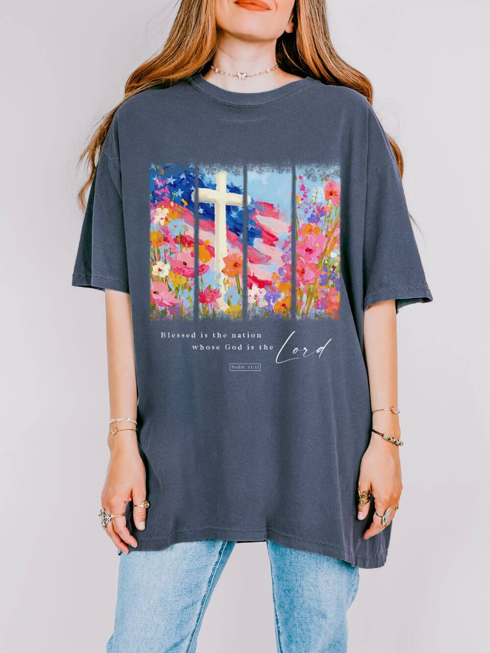 Blessed is the Nation Christian Patriotic T-Shirt 4th of July Graphic Tee