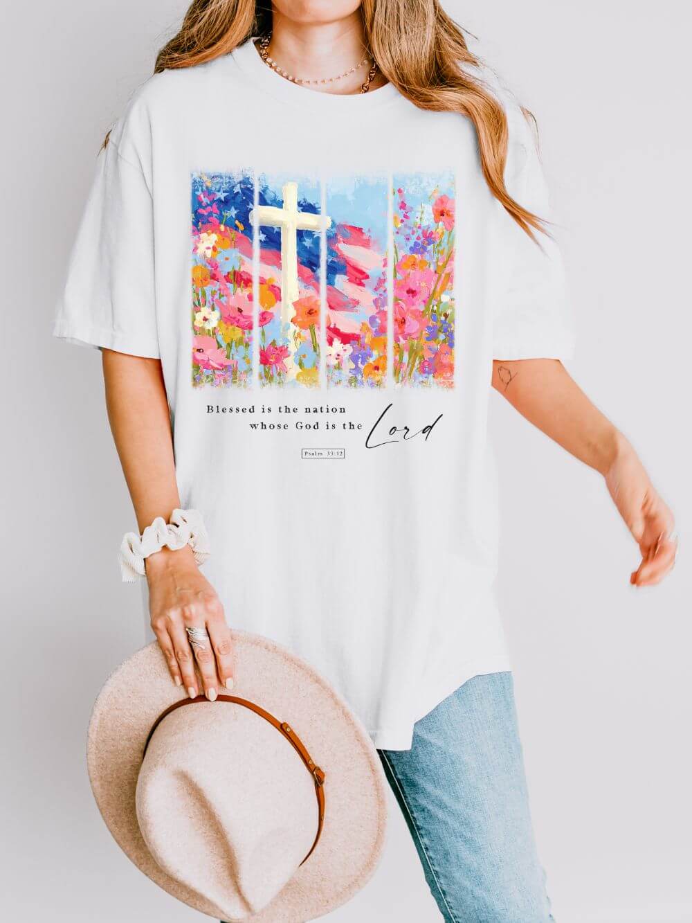 Blessed is the Nation Christian Patriotic T-Shirt 4th of July Graphic Tee