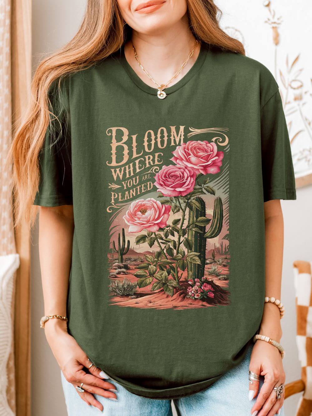 Bloom Where You Are Planted T-Shirt Desert Cactus Rose Inspirational Tee