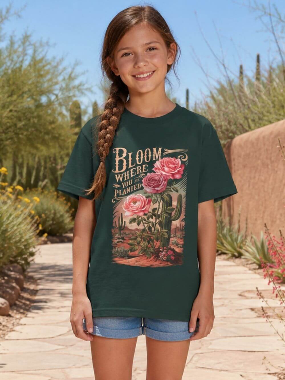 Bloom Where You are Planted Kids T-Shirt Western Rose Cactus Graphic Tee
