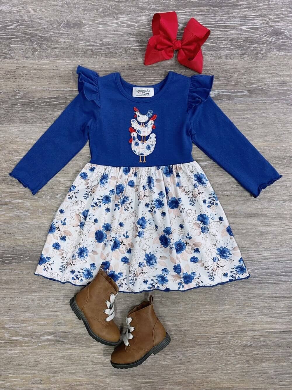 Blooming Blue Chickens Girls Long Sleeve Dress - Sydney So Sweet