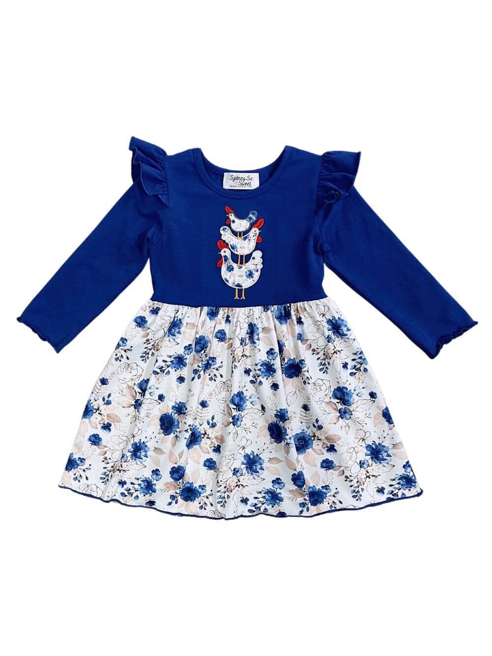 Blooming Blue Chickens Girls Long Sleeve Dress - Sydney So Sweet