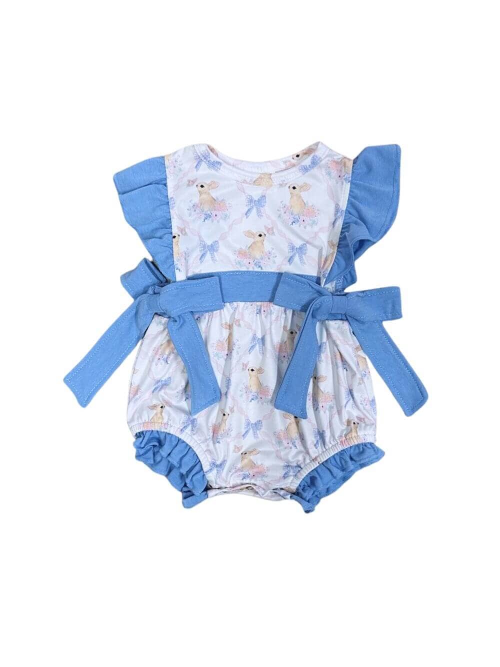 Blue Bow Bunny Girls Spring Baby Bubble Romper - Sydney So Sweet