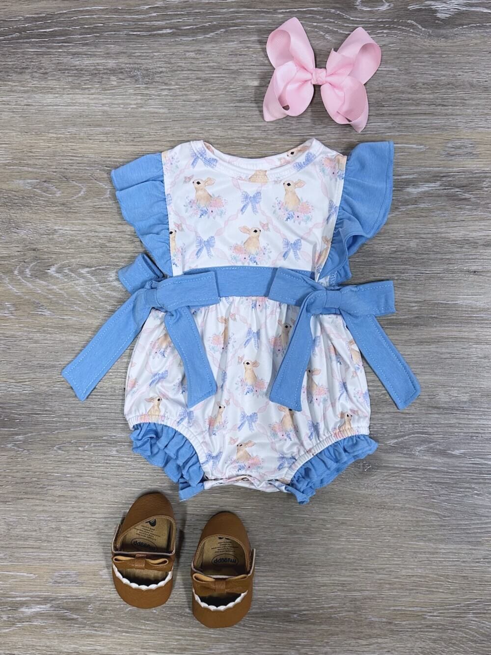 Blue Bow Bunny Girls Spring Baby Bubble Romper - Sydney So Sweet