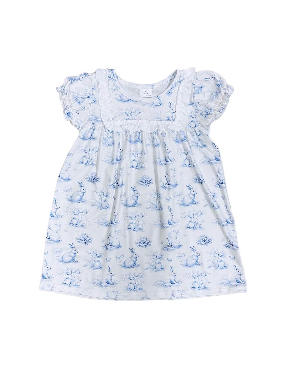 Blue Bunny Meadow Toile Girls Ruffle Sleeve Dress