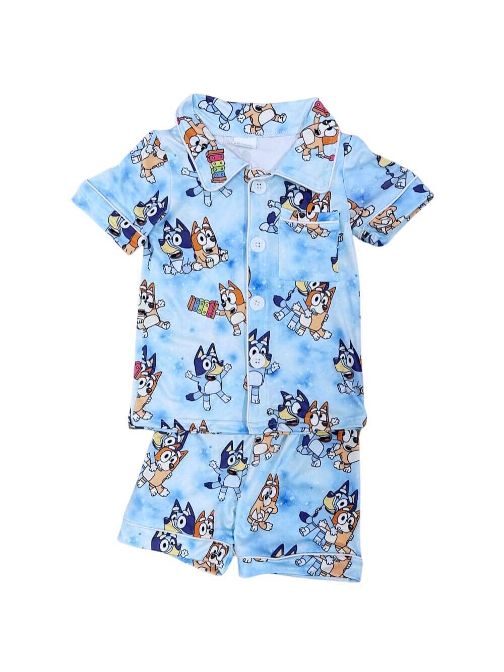 Blue Dog Button Up Blue Short Sleeve Pajama Set - Sydney So Sweet