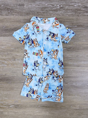 Blue Dog Button Up Blue Short Sleeve Pajama Set - Sydney So Sweet